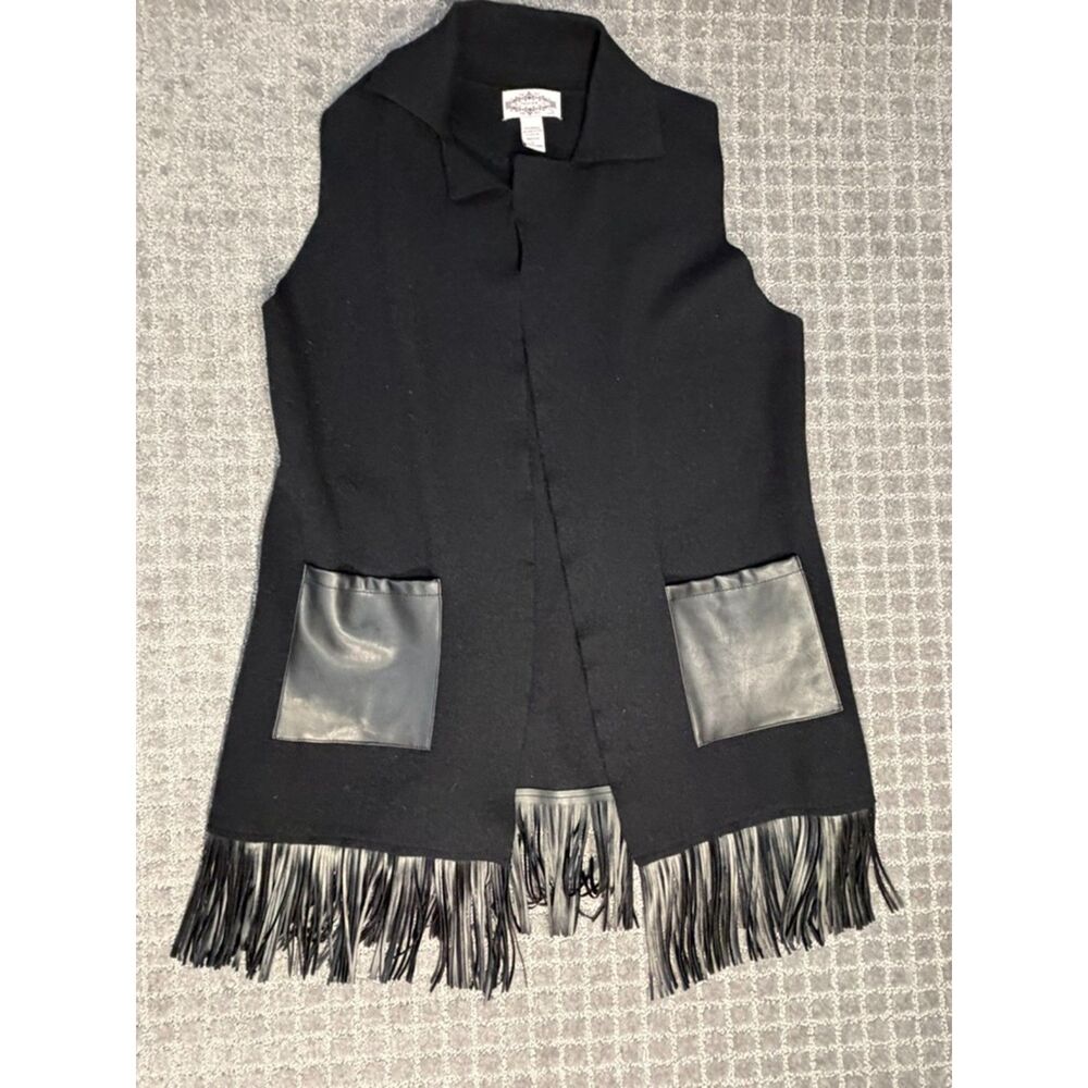 Oliver Black Large womens long vest cardigan fringe hem front pockets